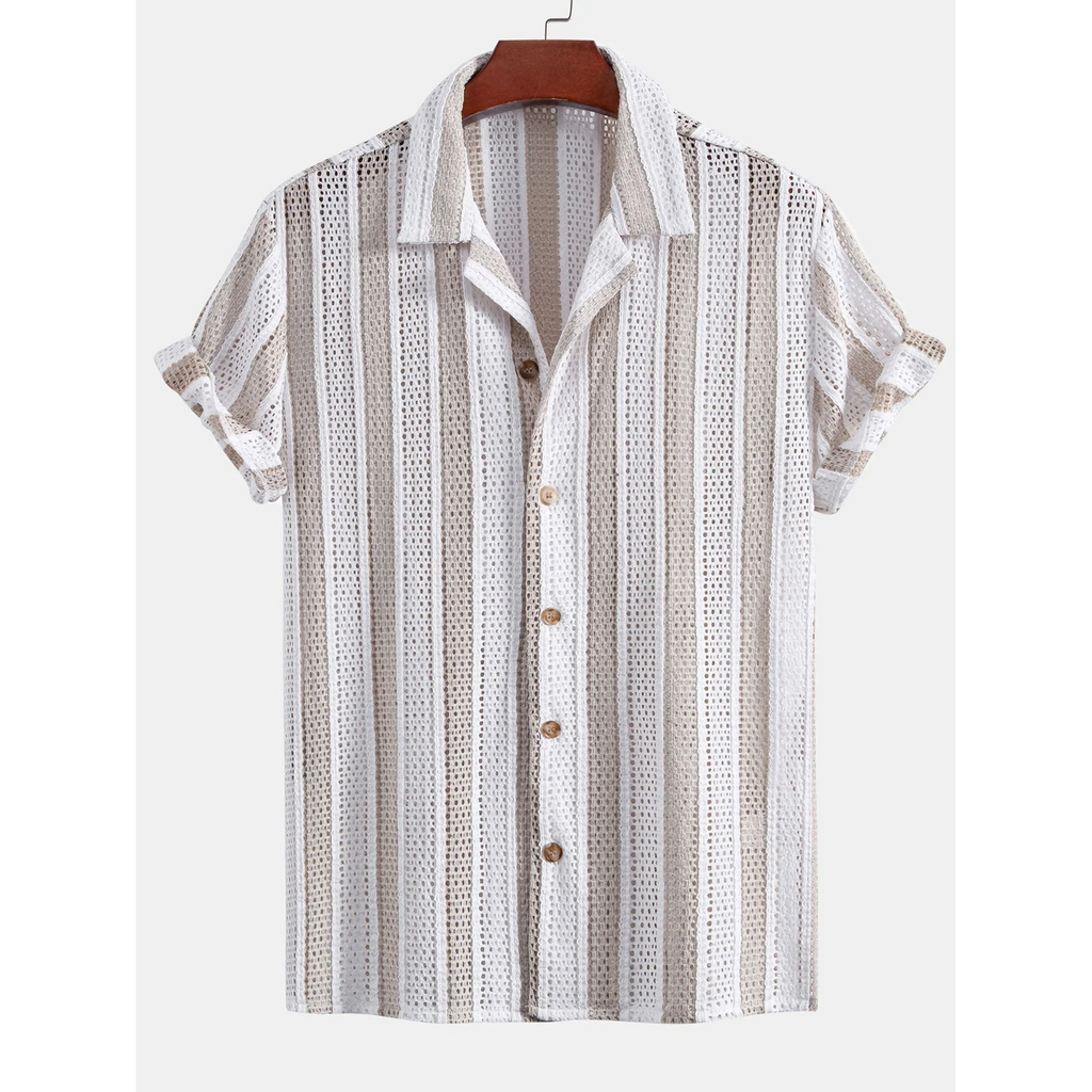 Jacob Striped Mesh Cuban Set – Open-Weave Linen-Blend Straight-Leg Outfit