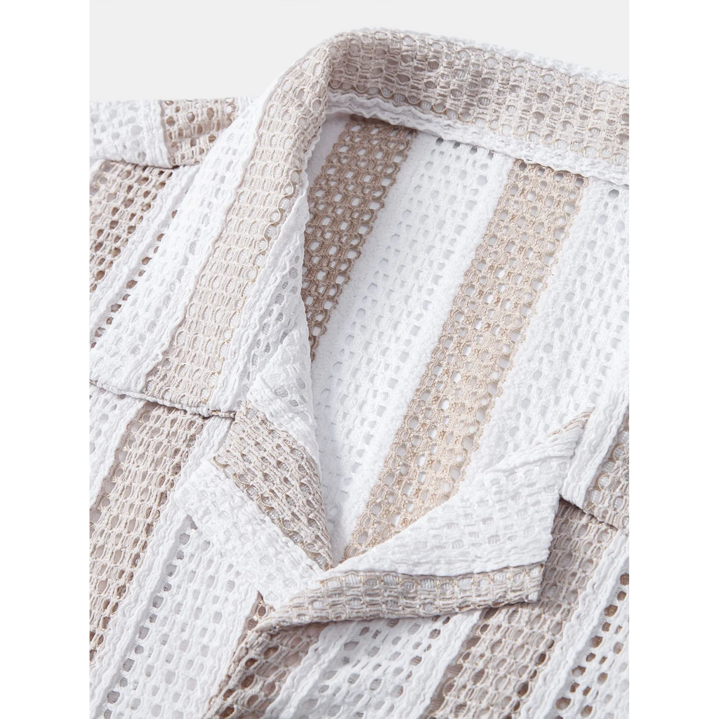 Jacob Striped Mesh Cuban Set – Open-Weave Linen-Blend Straight-Leg Outfit