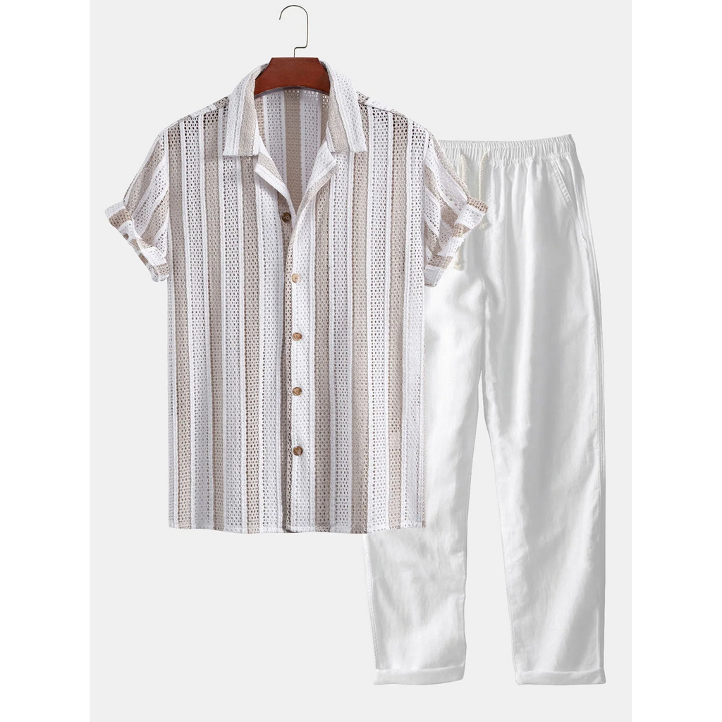 Jacob Striped Mesh Cuban Set – Open-Weave Linen-Blend Straight-Leg Outfit
