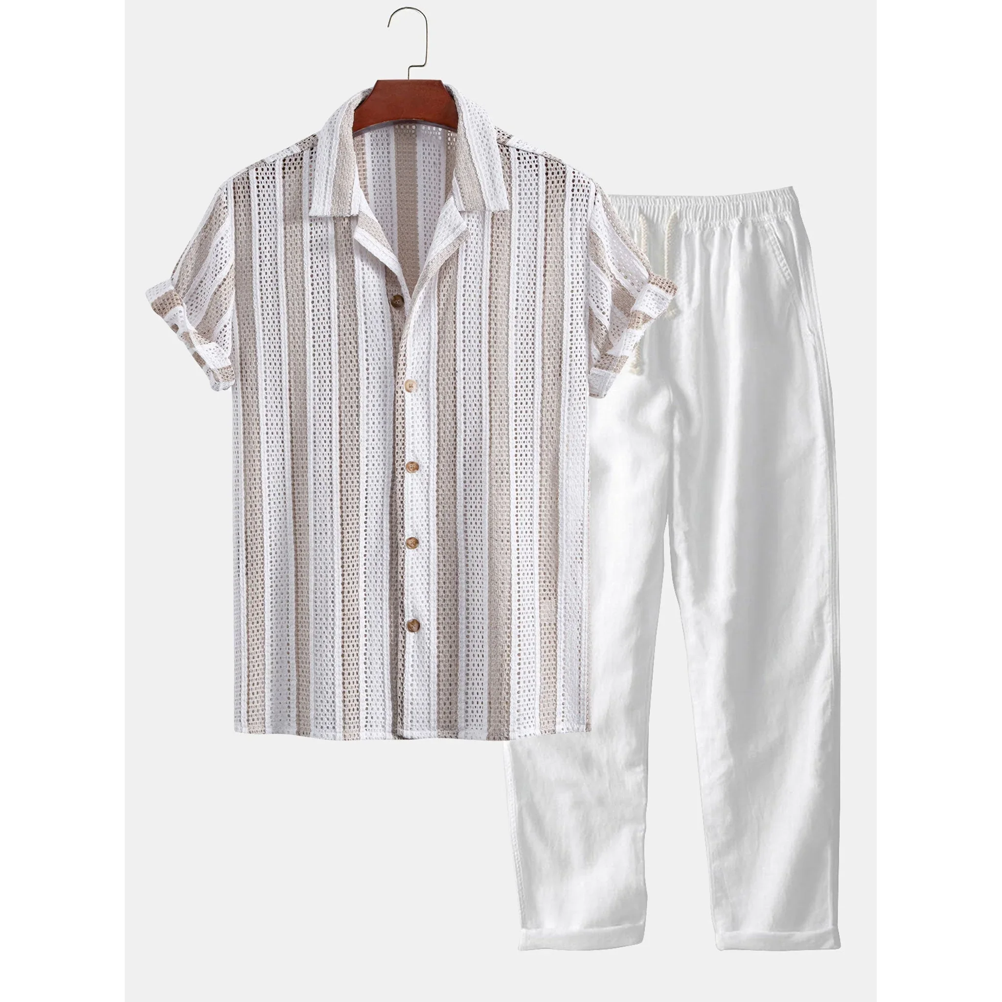 Jacob Striped Mesh Cuban Set – Open-Weave Linen-Blend Straight-Leg Outfit