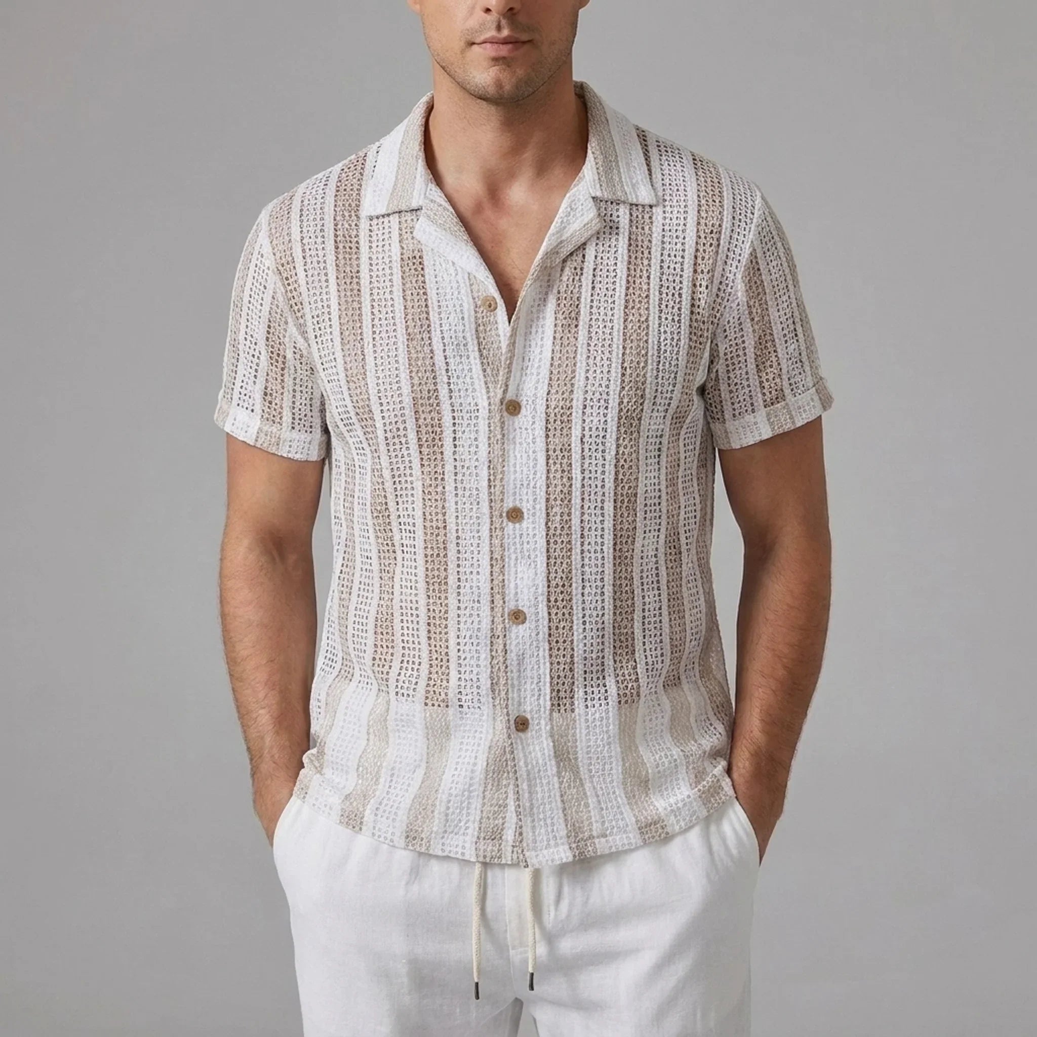 Jacob Striped Mesh Cuban Set – Open-Weave Linen-Blend Straight-Leg Outfit