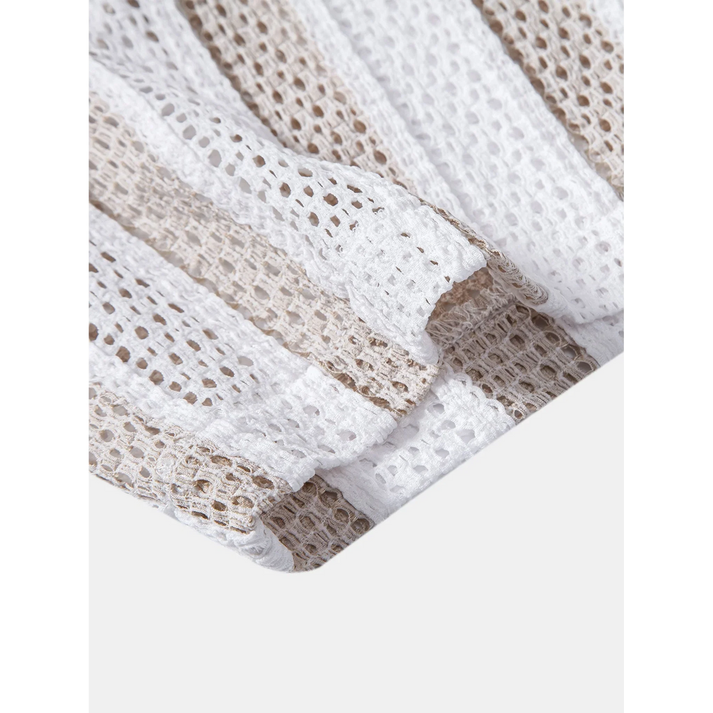 Jacob Striped Mesh Cuban Set – Open-Weave Linen-Blend Straight-Leg Outfit
