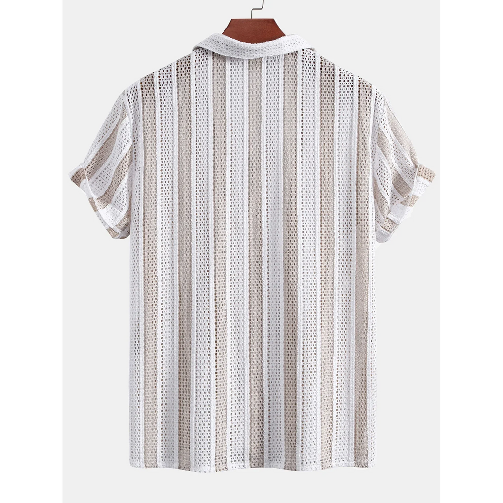 Jacob Striped Mesh Cuban Set – Open-Weave Linen-Blend Straight-Leg Outfit