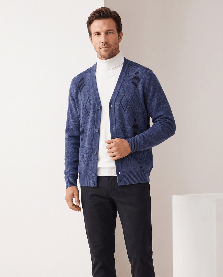 Argyle V-Neck Cardigan Sweater – Button Front, Patch Pockets & Mohair Knit | Lambert