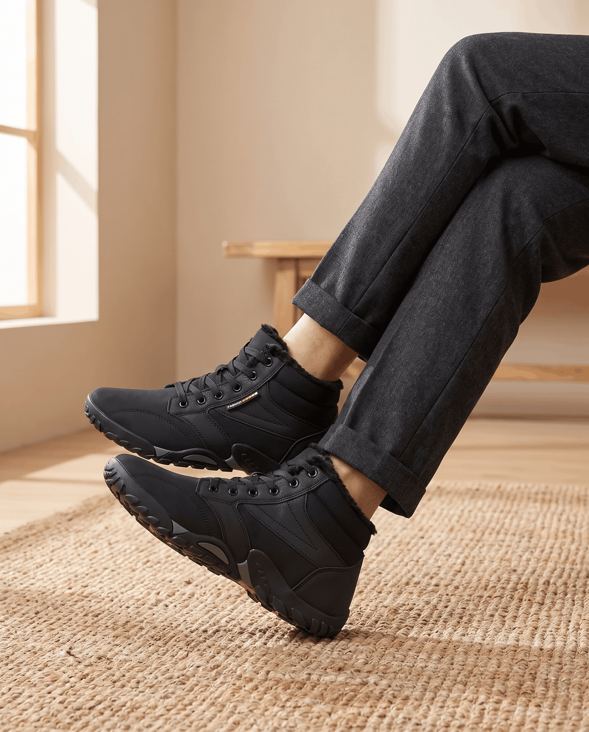 Black boots worn with dark trousers, seated with one foot forward on a rug