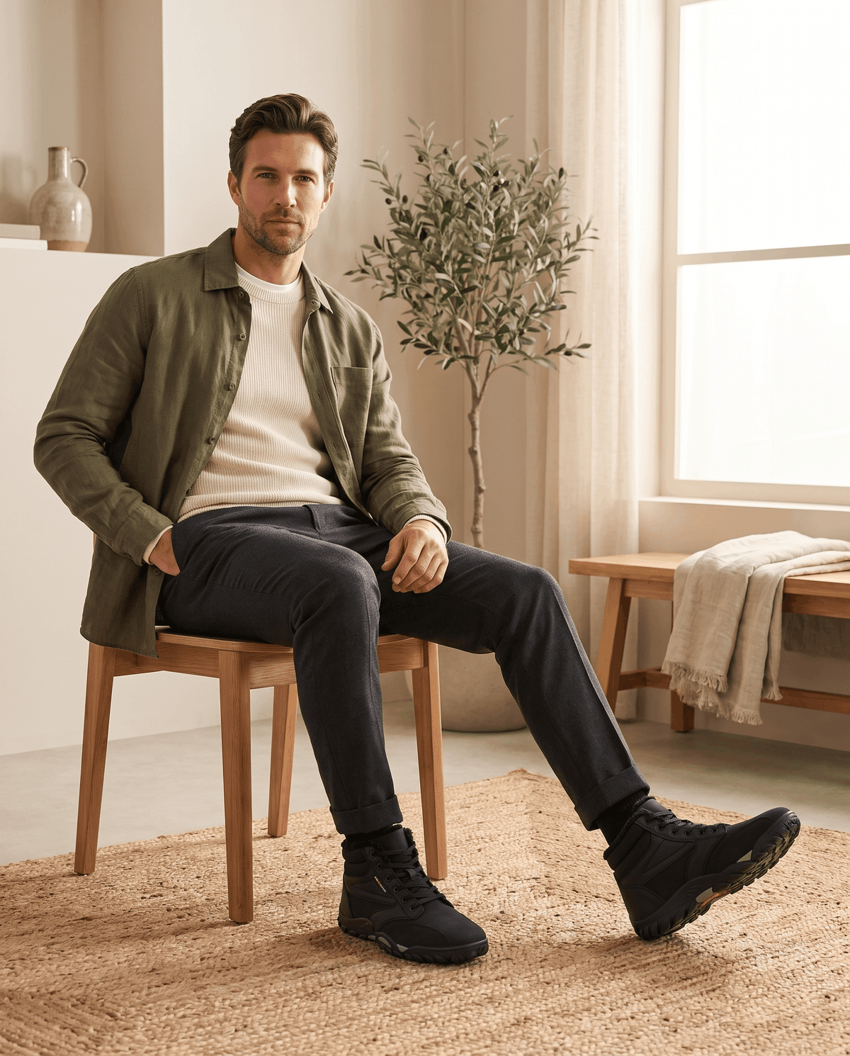 Man in an olive jacket seated on a chair wearing black wide-toe ankle boots