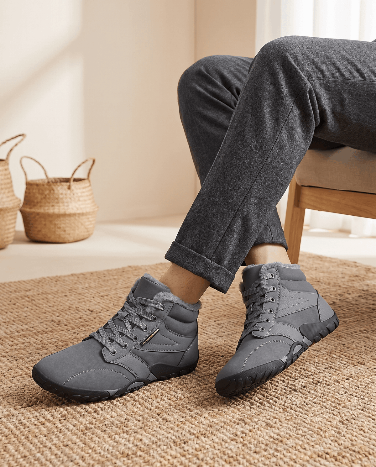 Gray boots worn with dark trousers, feet crossed at the ankle on a woven rug