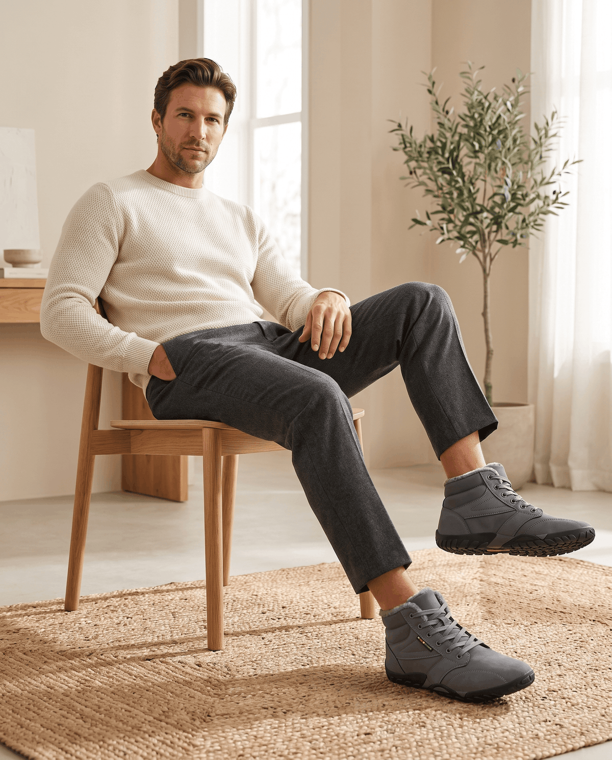Man in a cream knit seated by a window wearing gray wide-toe ankle boots