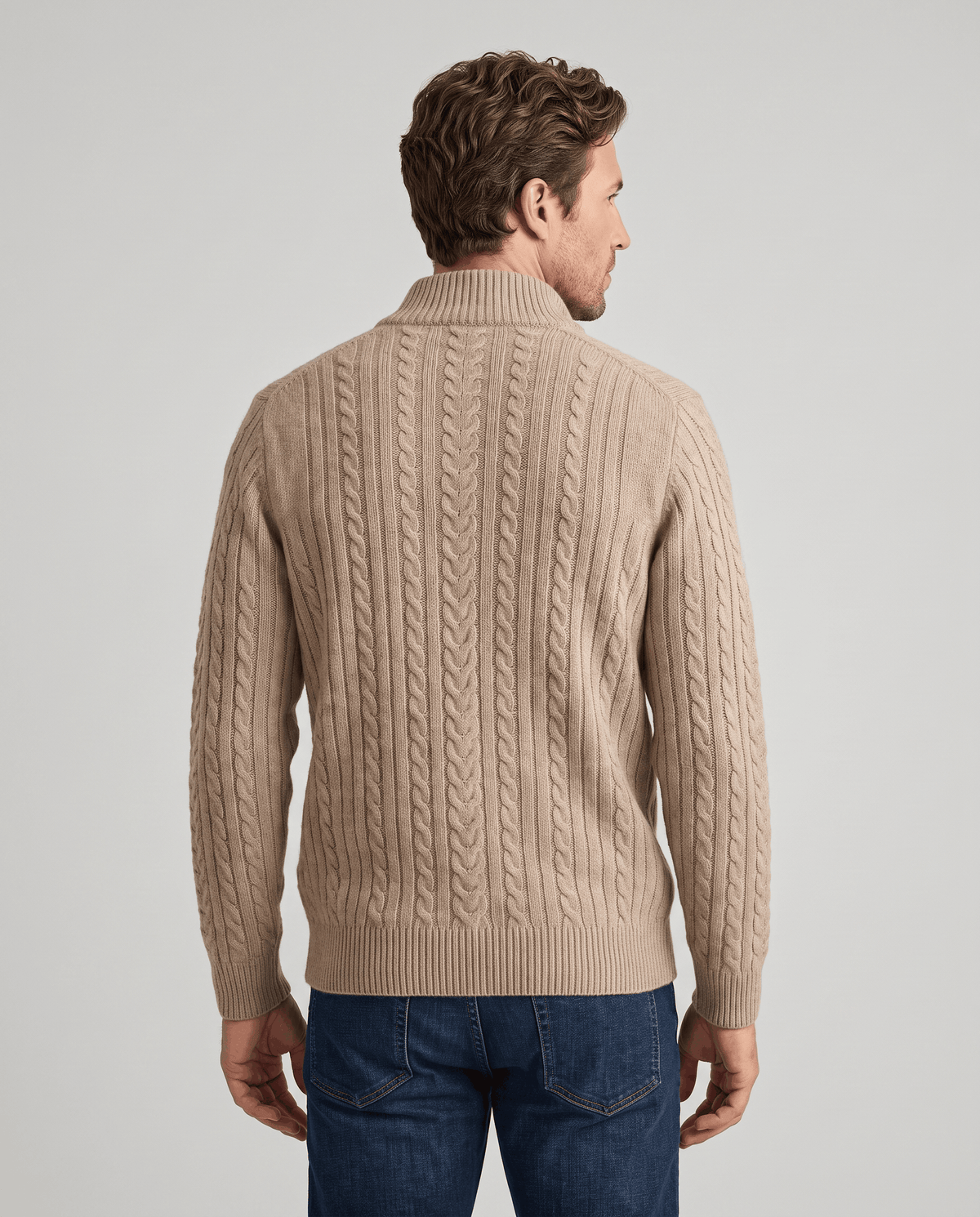 Back view of the Julian beige textured wool knit cardigan
