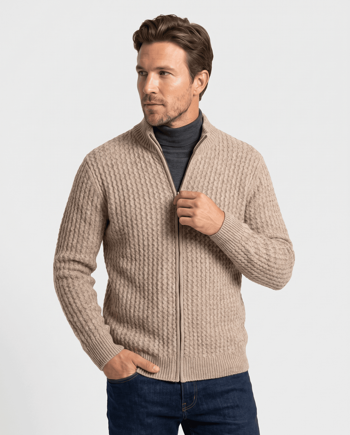 Man wearing the Julian beige textured wool knit full-zip cardigan, front view