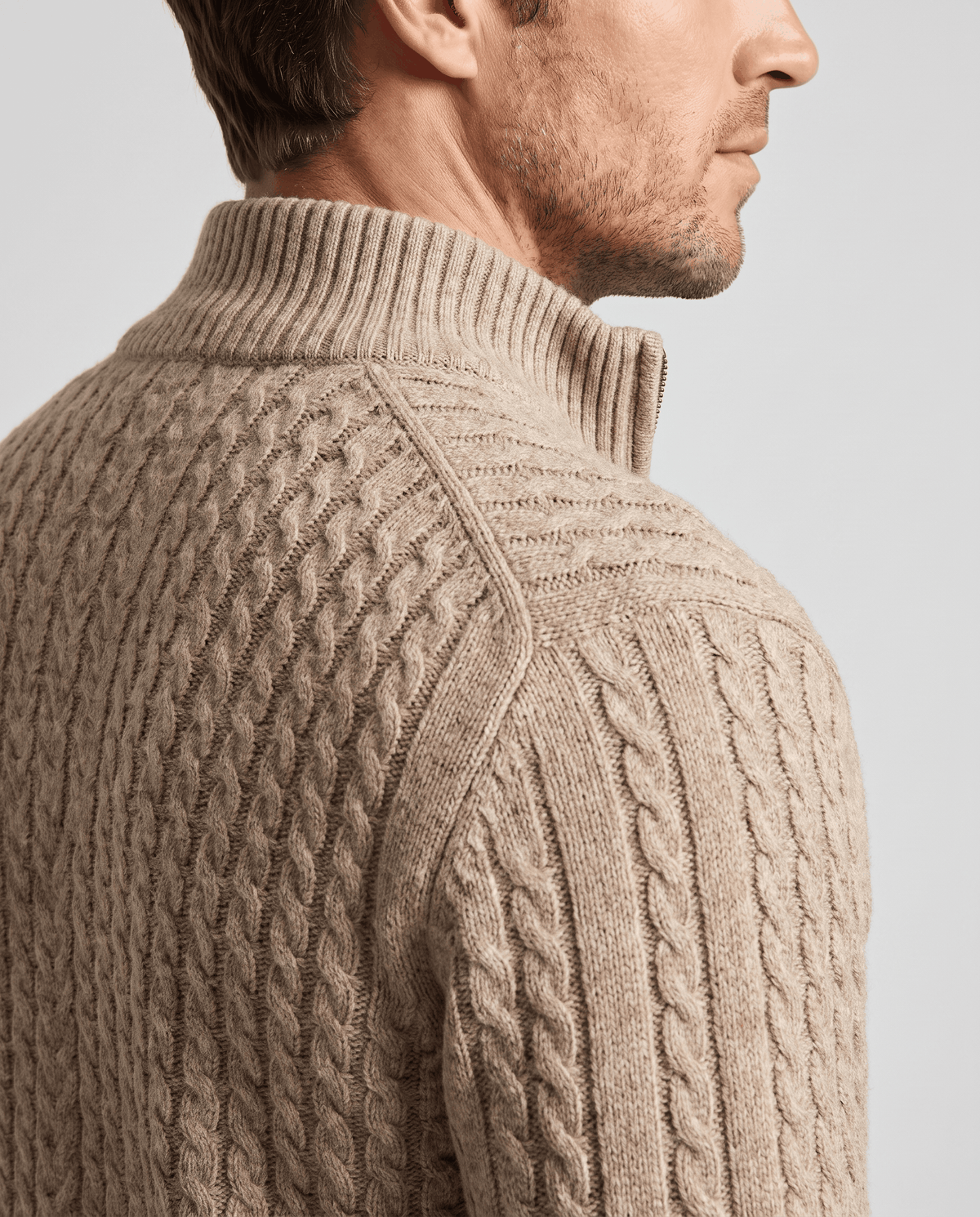 Shoulder and twisted rib texture of the Julian beige wool knit cardigan