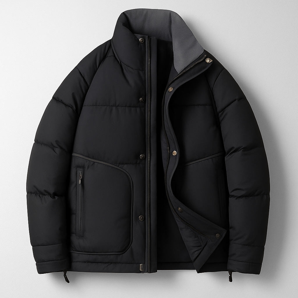 Black stand collar puffer jacket laid flat with the front open