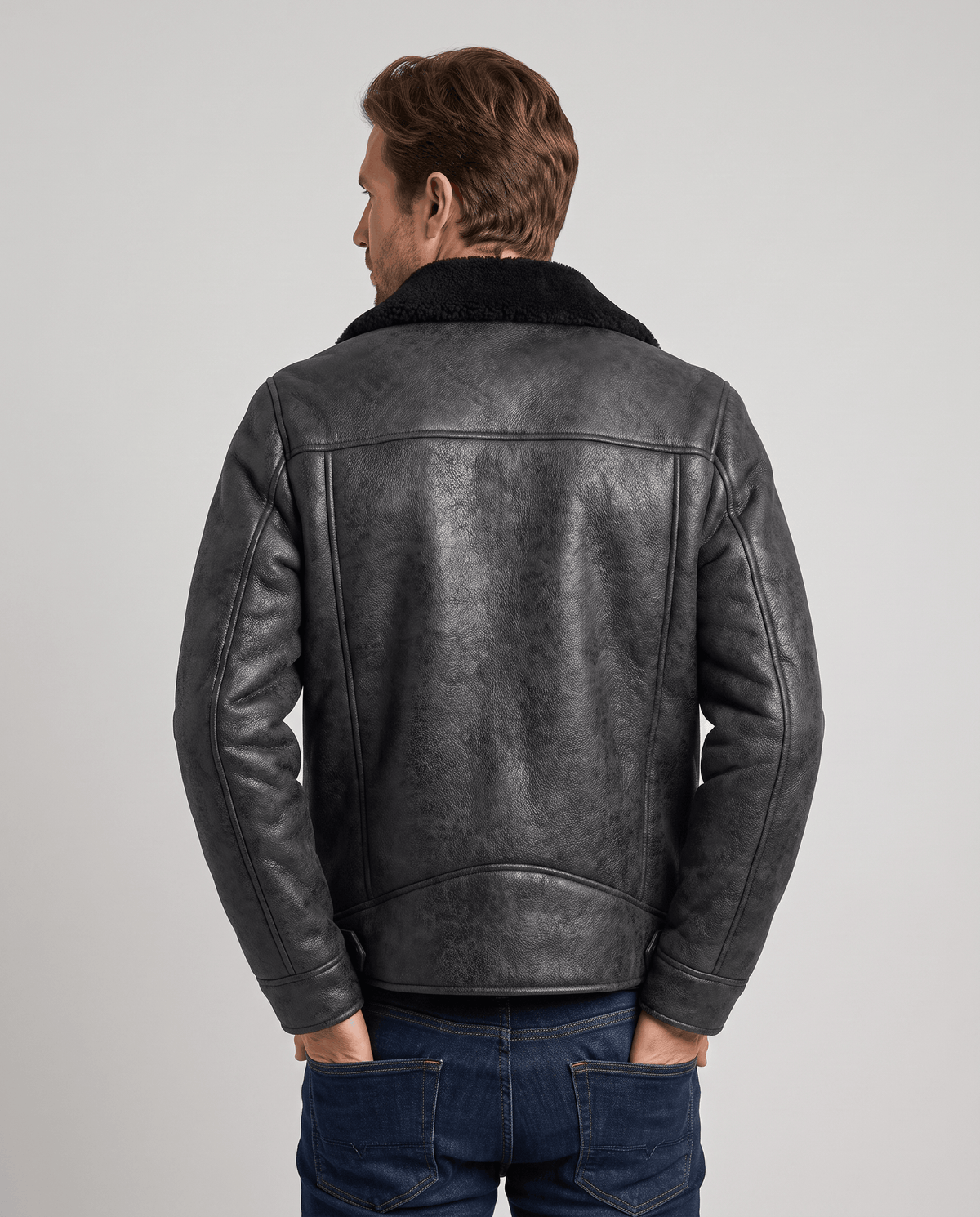 Back view of the Harlan black vegan suede aviator jacket with sherpa collar