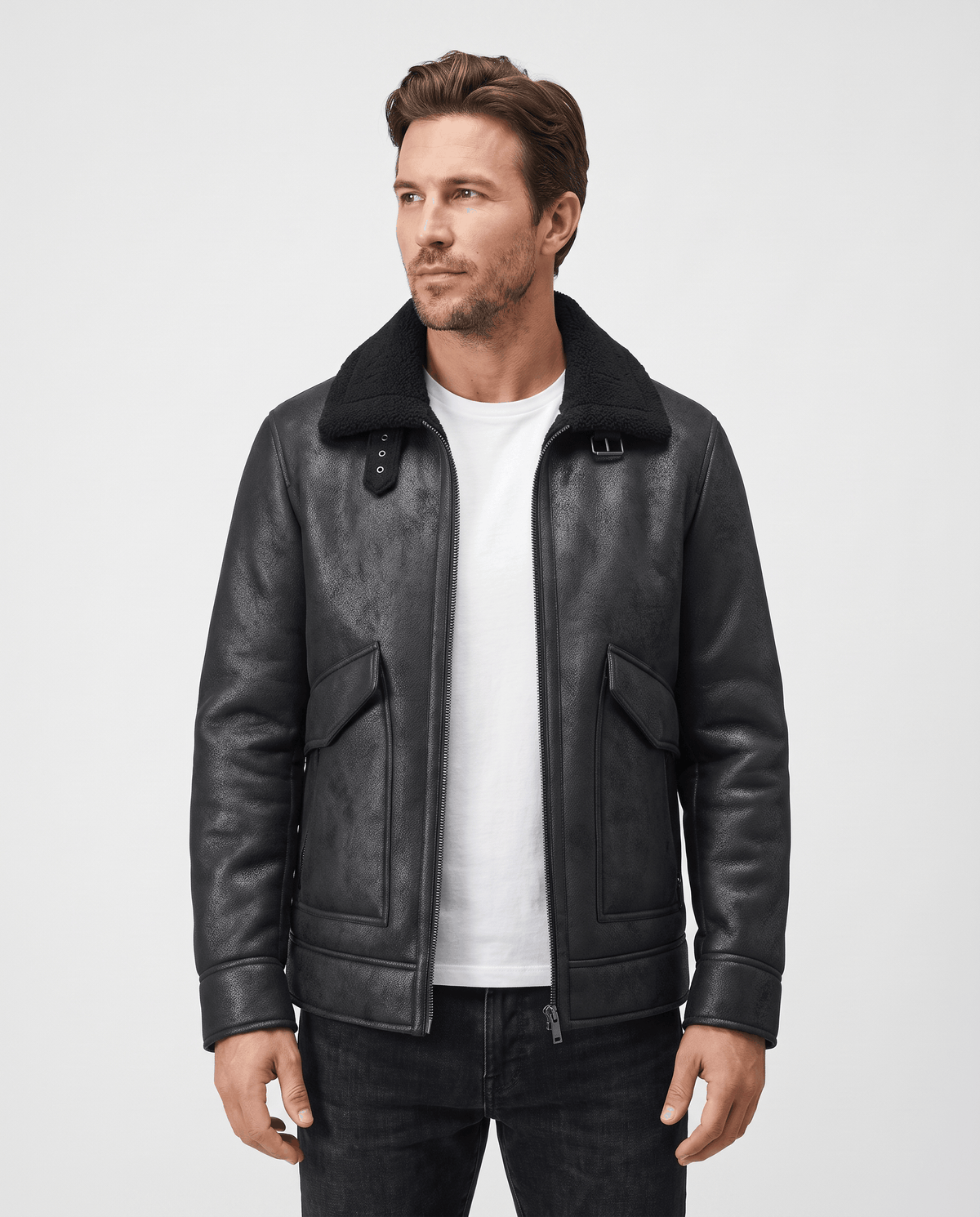Man wearing the Harlan black vegan suede aviator jacket with sherpa collar, front view