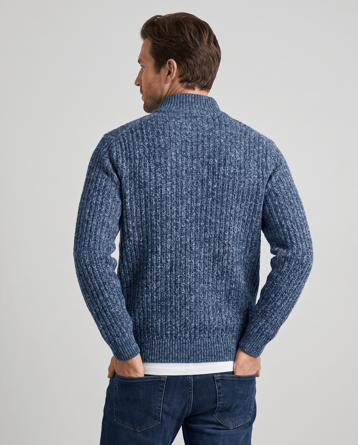 Back view of the Julian blue textured wool knit cardigan
