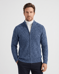 Man wearing the Julian blue textured wool knit full-zip cardigan, front view