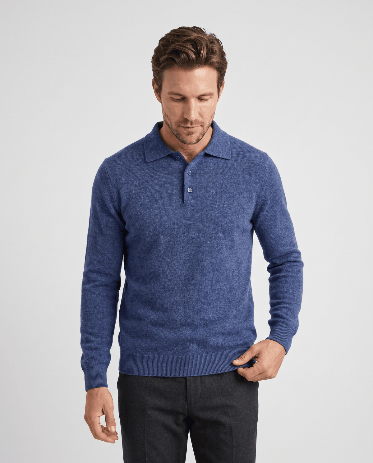 Man wearing the Elias blue wool knit polo sweater, front view