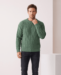 Man wearing men's braided cable-knit crew neck sweater in green with black jeans