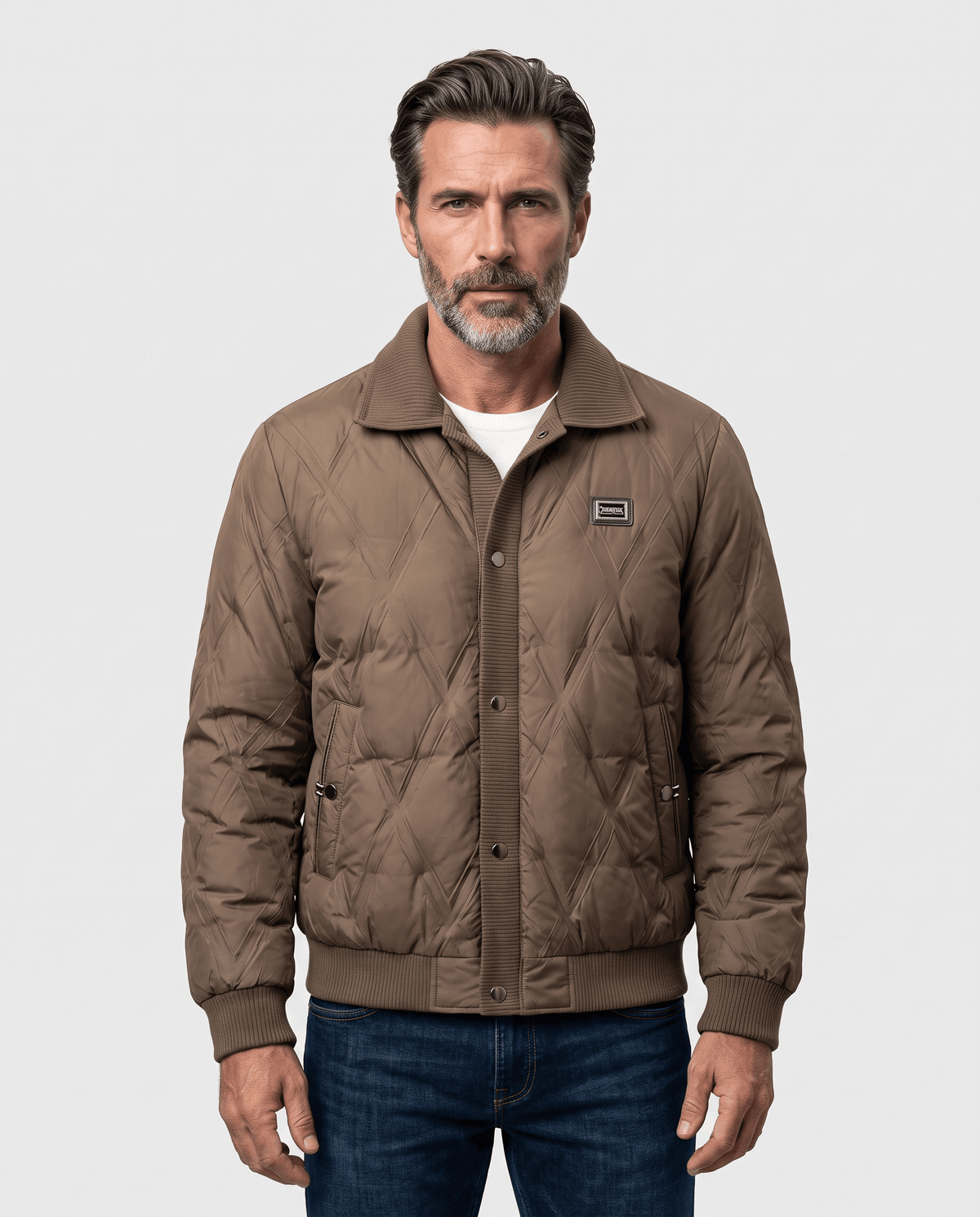 Man wearing a brown diamond quilted duck down puffer jacket, front view