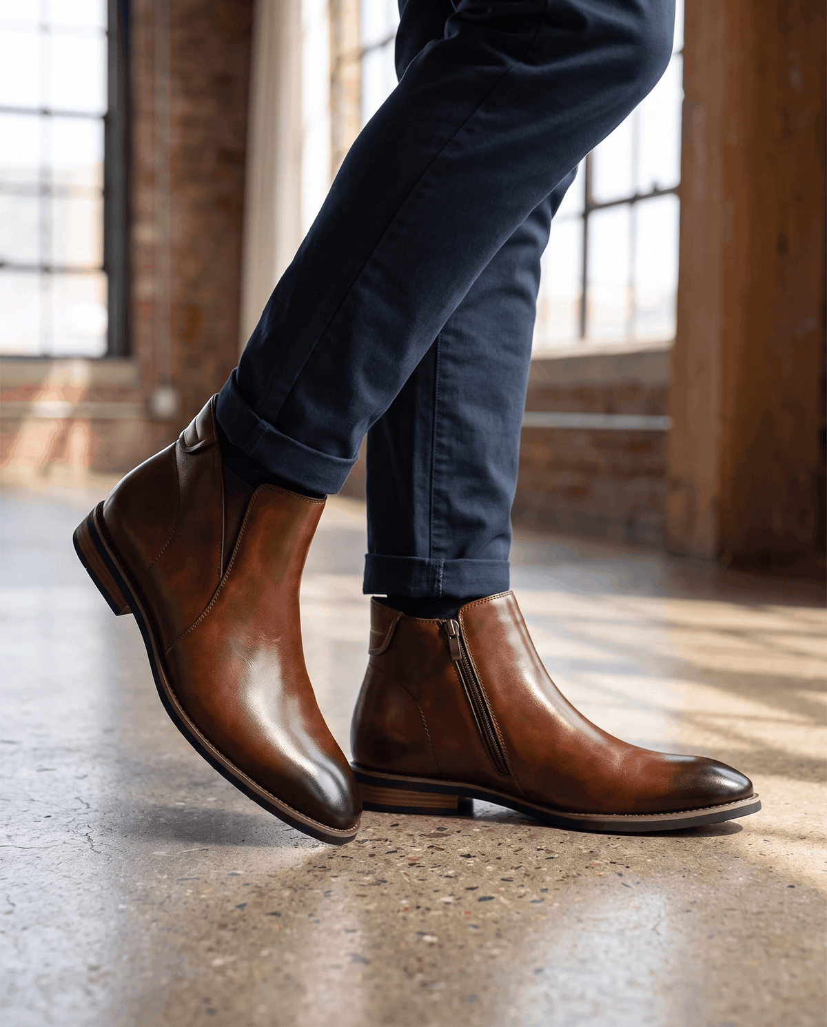 Man walking in brown Chelsea boots with dark jeans beside a sunlit window