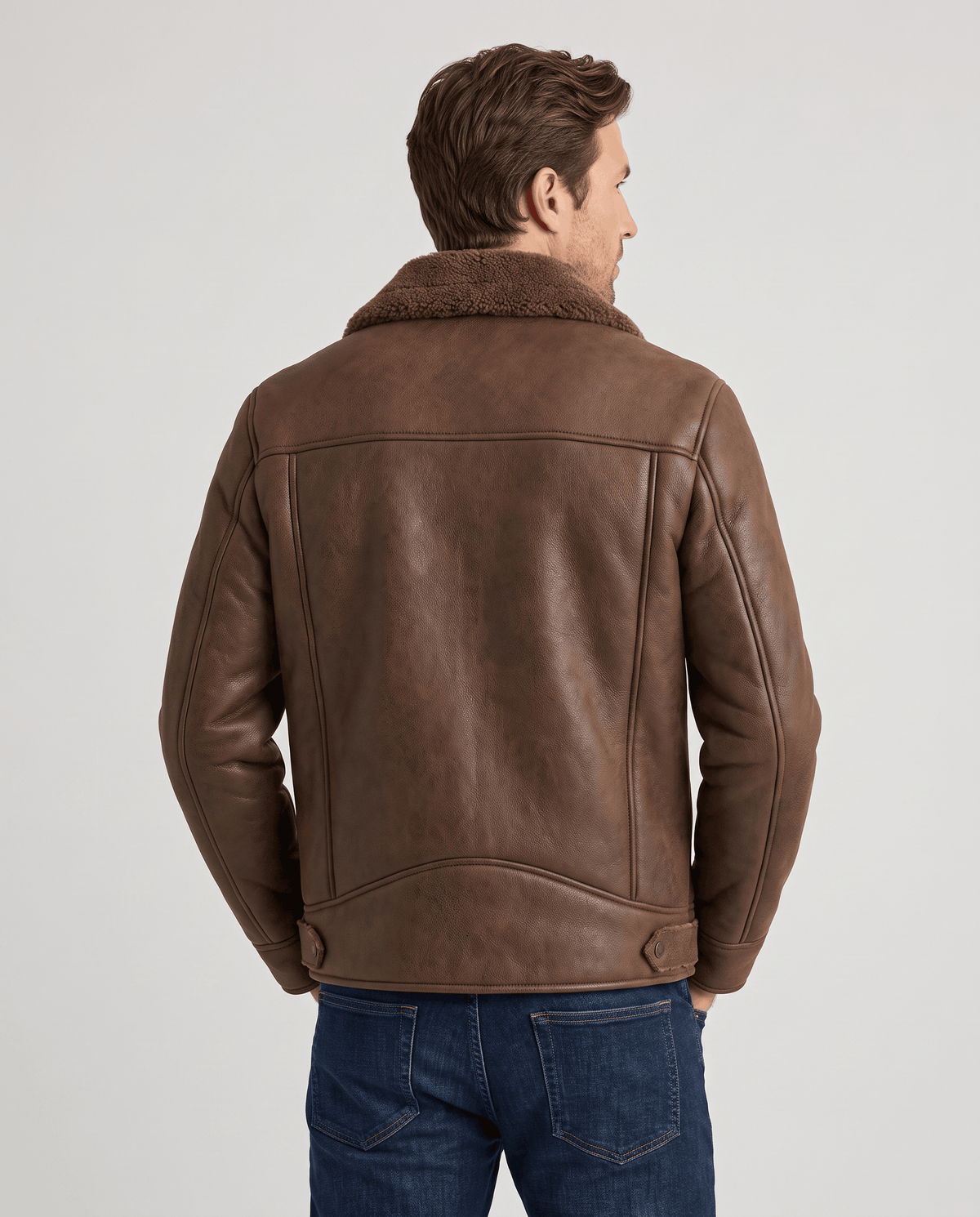 Back view of the Harlan brown vegan suede aviator jacket with sherpa collar