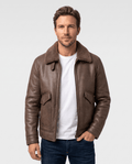 Man wearing the Harlan brown vegan suede aviator jacket with sherpa collar, zipped front view