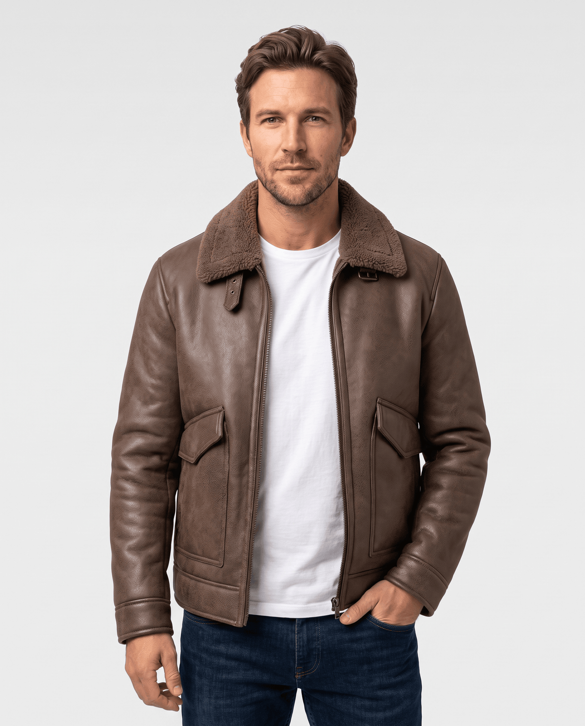 Man wearing the Harlan brown vegan suede aviator jacket with sherpa collar, zipped front view