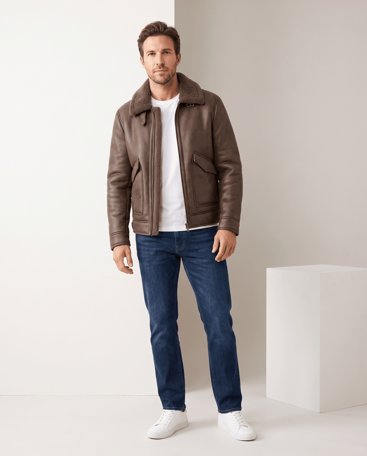 Full-length view of a man wearing the Harlan brown aviator jacket with jeans