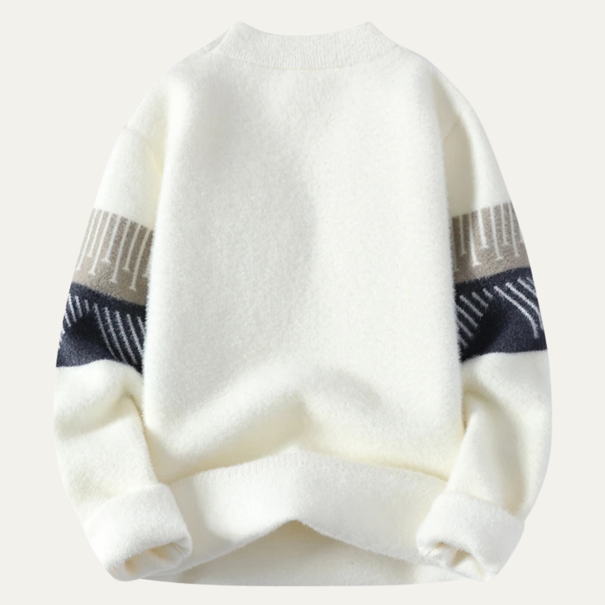 Flat-lay back of white brushed knit sweater showing sleeve band