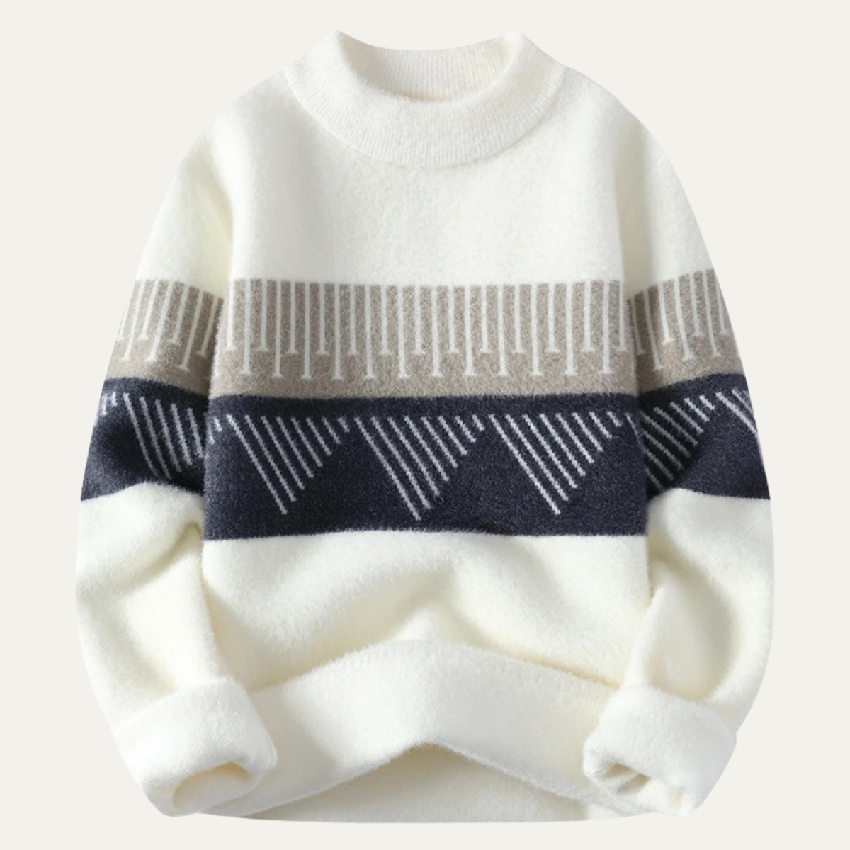 Flat-lay front of white crew neck sweater with sand and navy geometric band