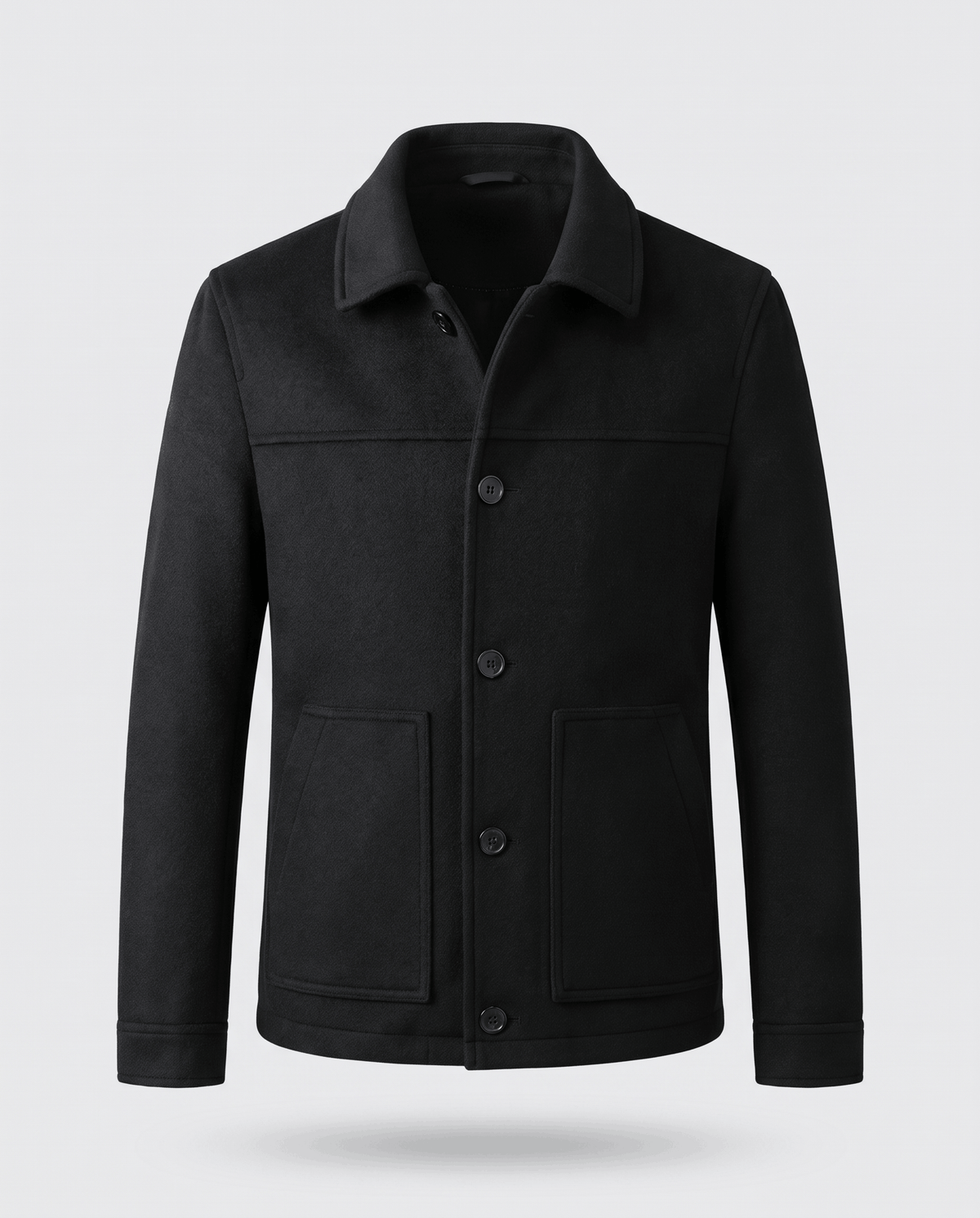 Black jacket on a model walking, hem falling level at the hip