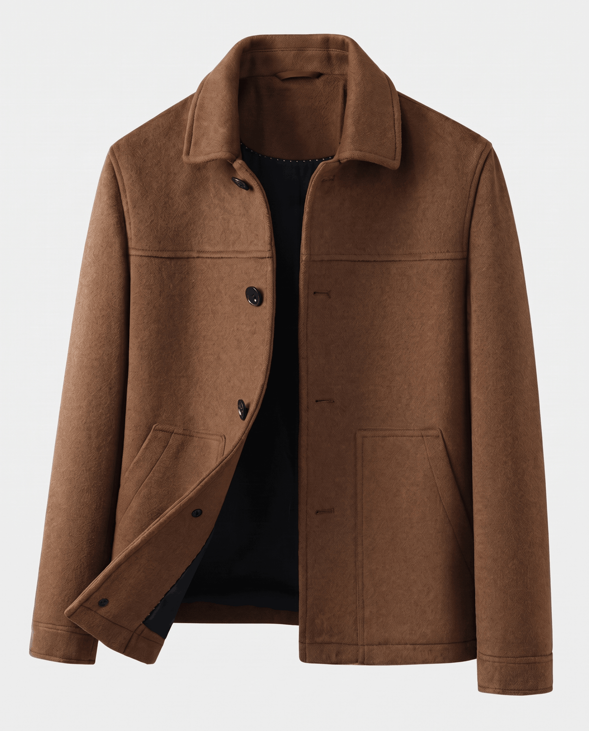 Camel jacket laid flat, showing the straight hip-length hem and plain cuffs