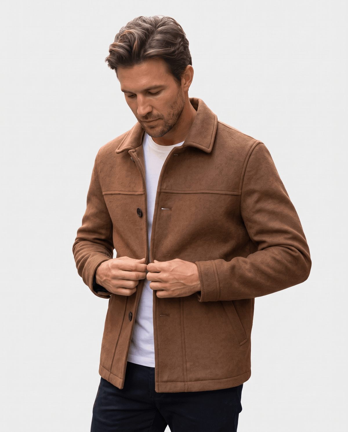Men's brushed wool-blend jacket in camel brown, worn open over a light knit