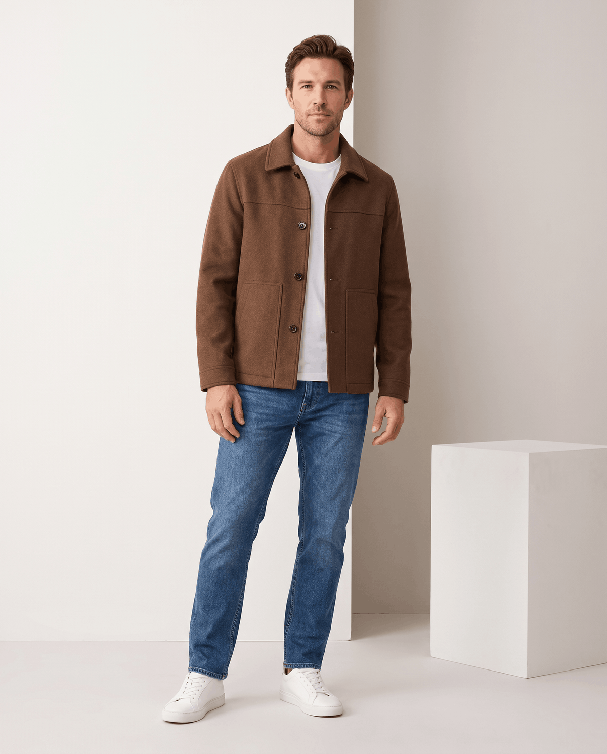 Model in a camel jacket with dark jeans against a pale studio wall