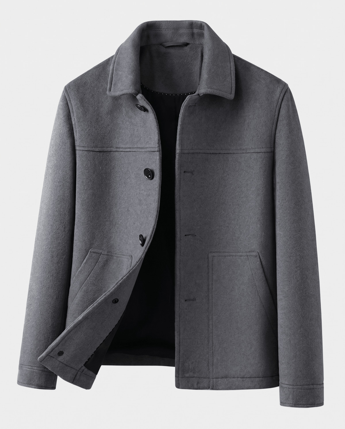 Gray jacket shown open from the front with both front panels visible