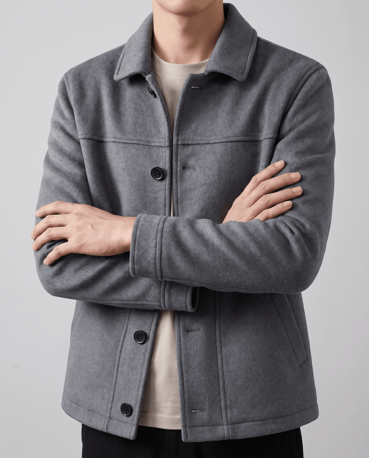 Gray jacket seen from the front, straight hip-length cut