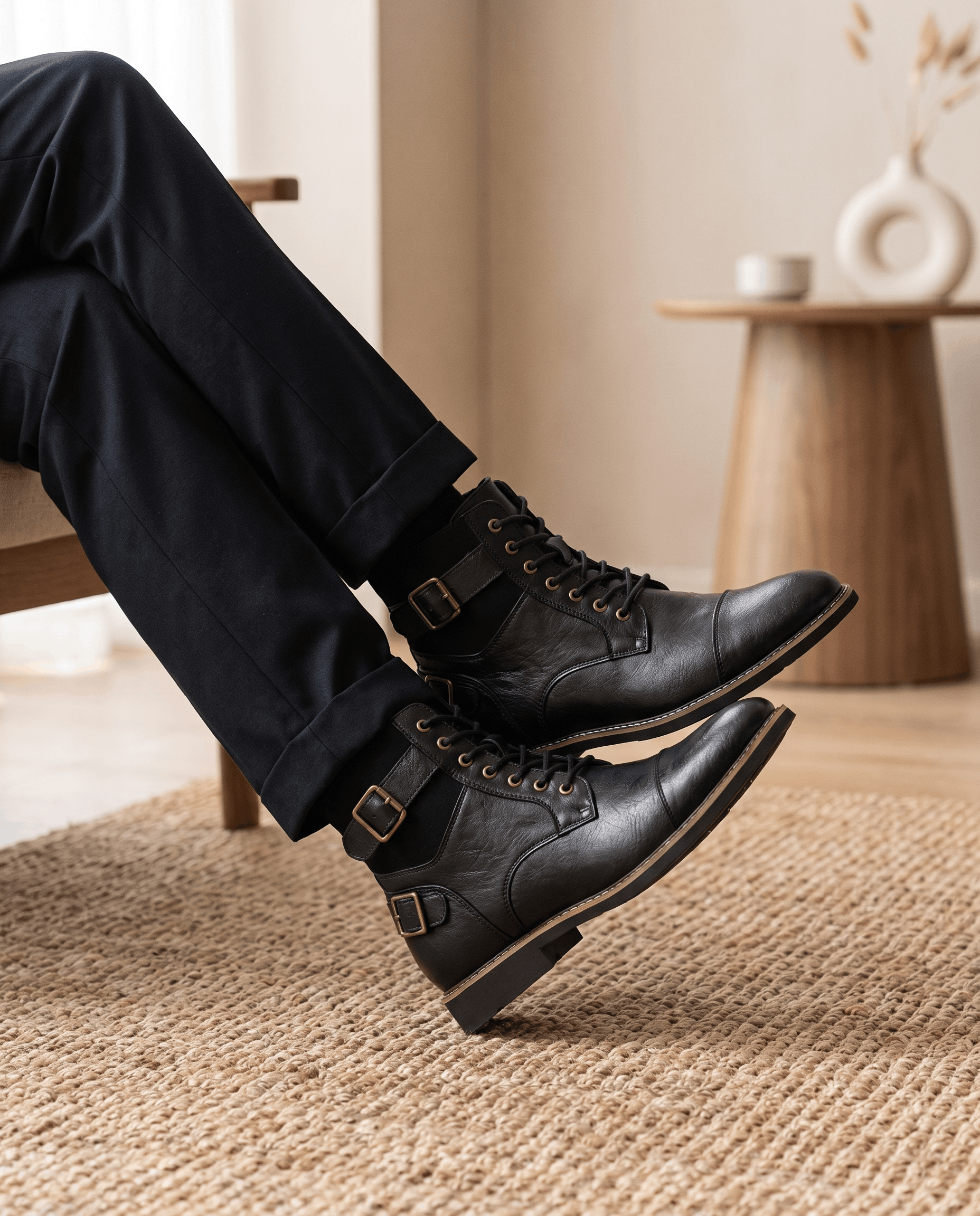 Black leather cap-toe boots with layered panels, lace-up front, and adjustable buckle straps on a stacked heel.