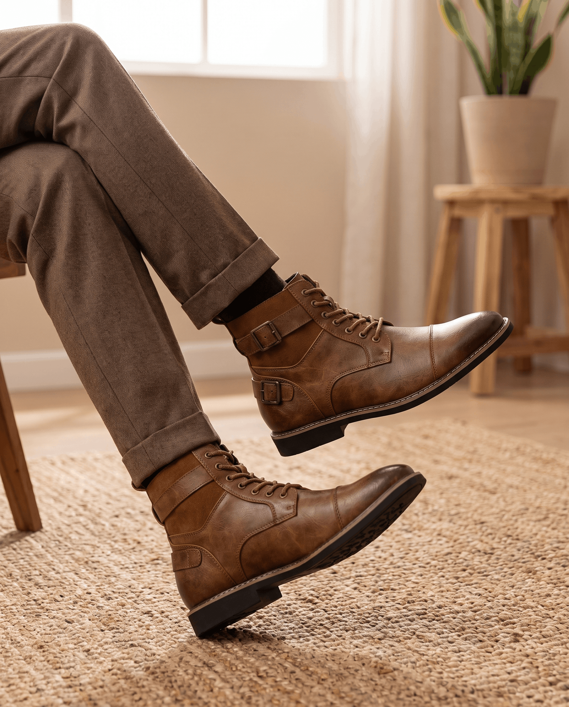 Brown leather cap-toe lace-up boots featuring layered panels, an adjustable buckle strap, and a stacked welted heel.