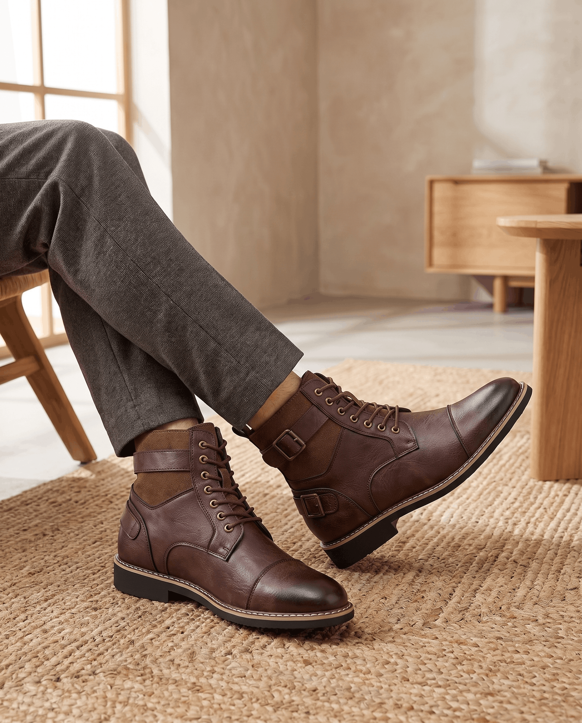 Burgundy leather cap-toe boots with layered suede panels, adjustable buckle straps, and a welted stacked heel.