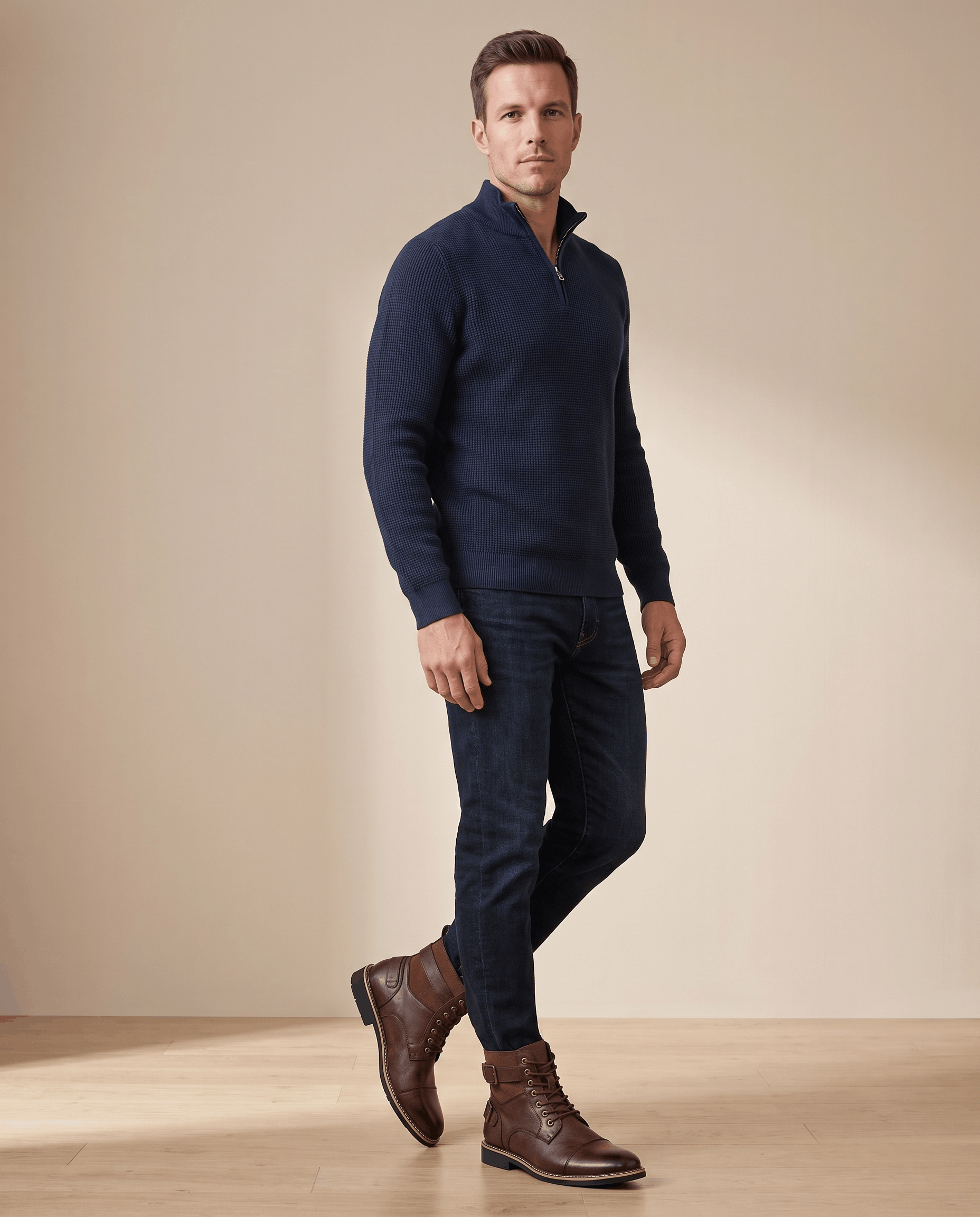 Burgundy leather cap-toe lace-up boots with adjustable buckle straps and stacked heels worn with dark denim jeans.
