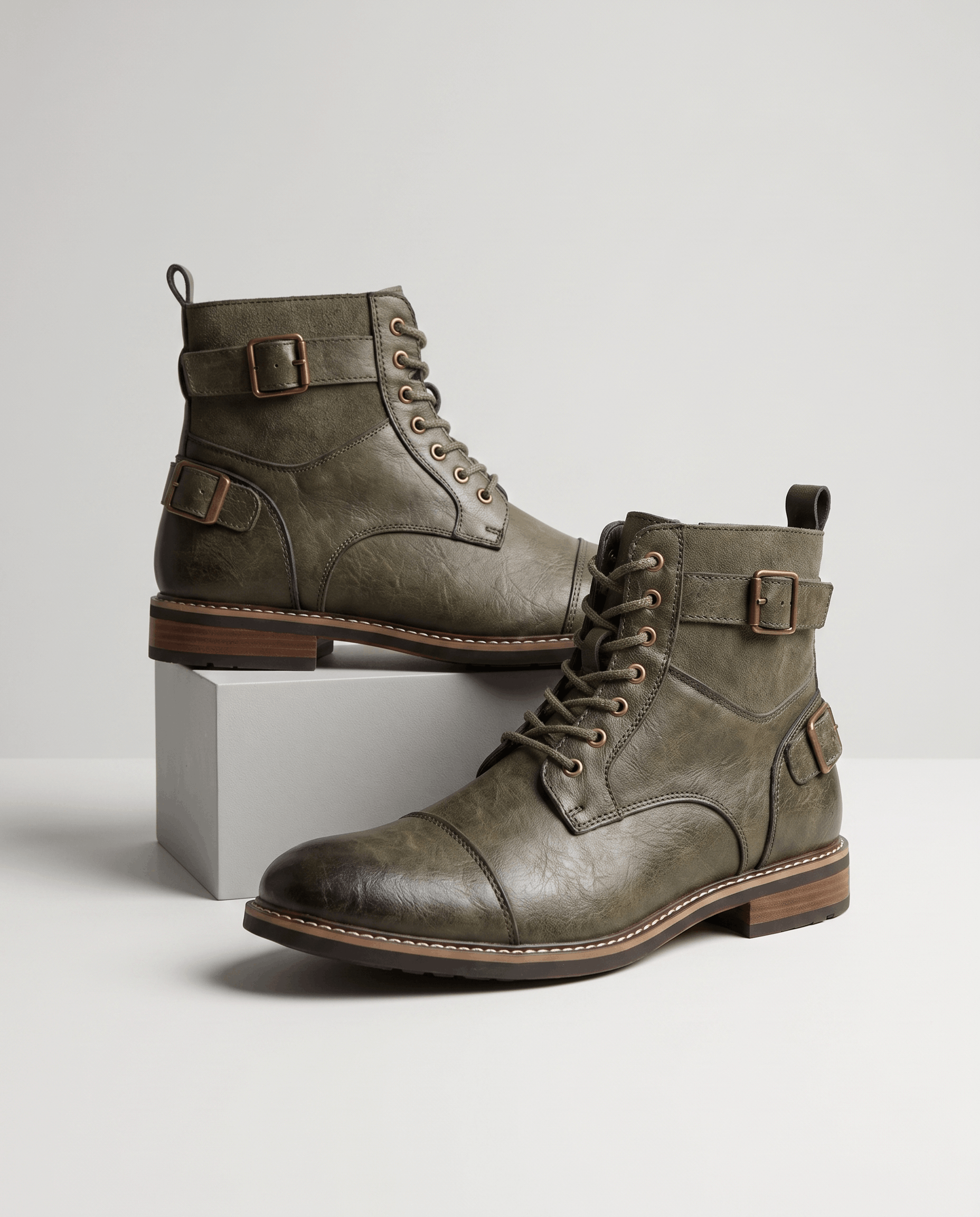 Olive green cap-toe lace-up boots featuring layered panels, adjustable buckle straps, and a welted stacked heel.