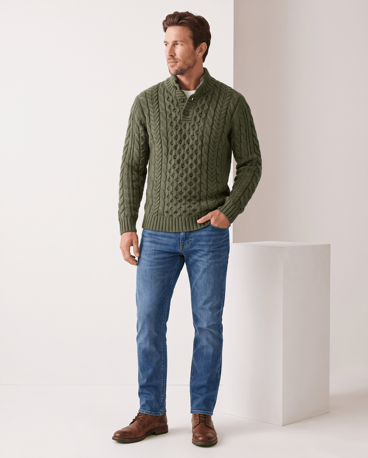 Full-length dark green cable sweater look with jeans and brown boots