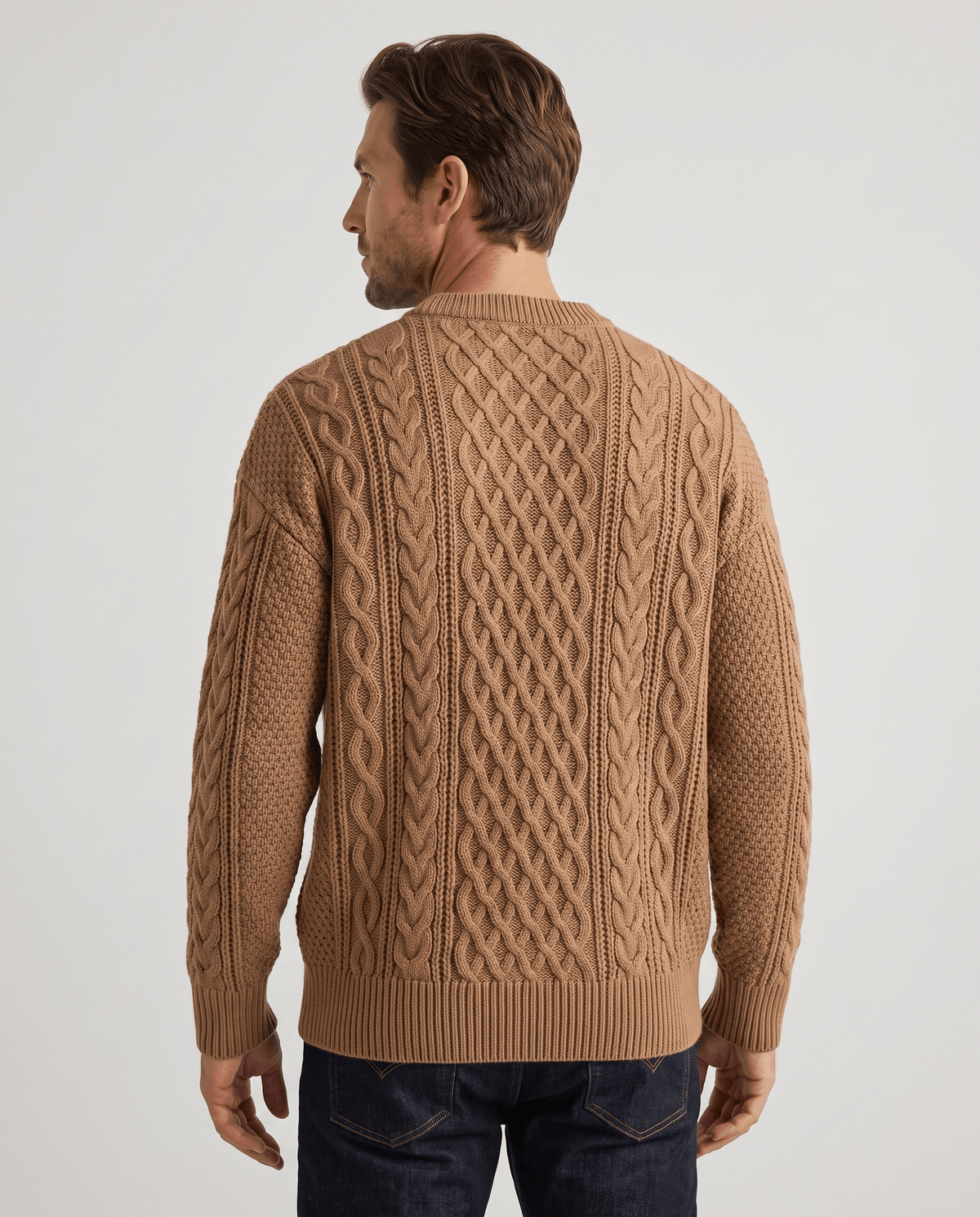 Back view of camel chunky pullover with diamond lattice and ribbed hem