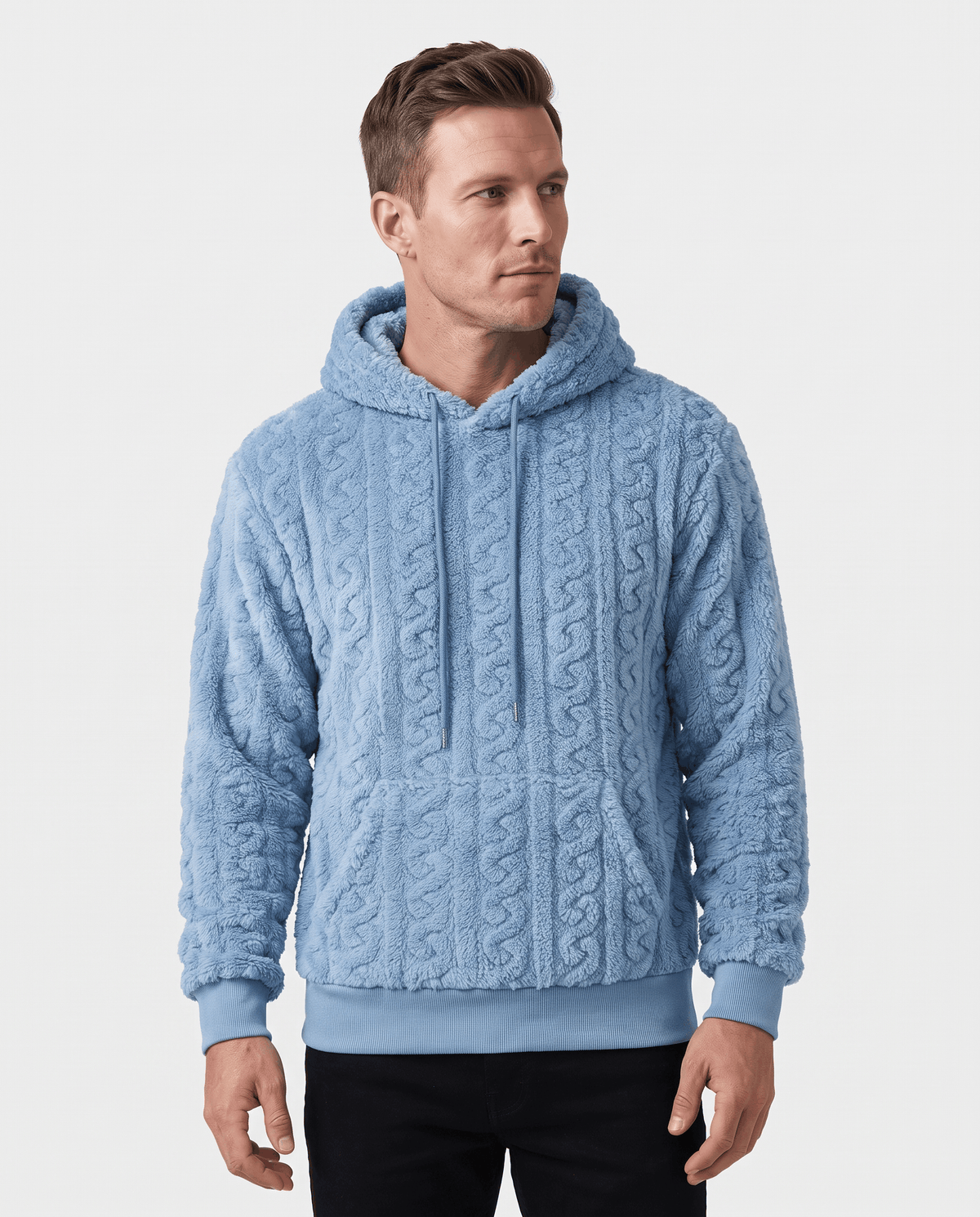 Front view of light blue hoodie with cable texture, drawstrings and ribbed cuffs