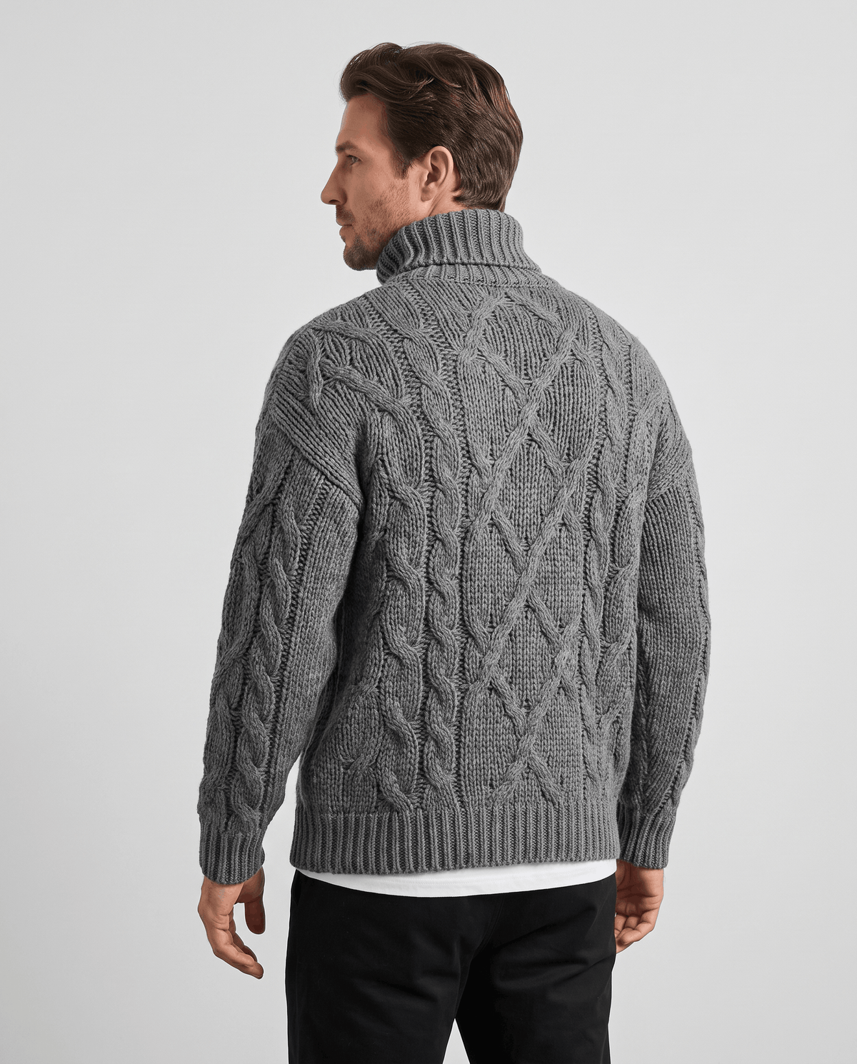 Back view of heather gray cable pullover with folded turtleneck collar and ribbed cuffs