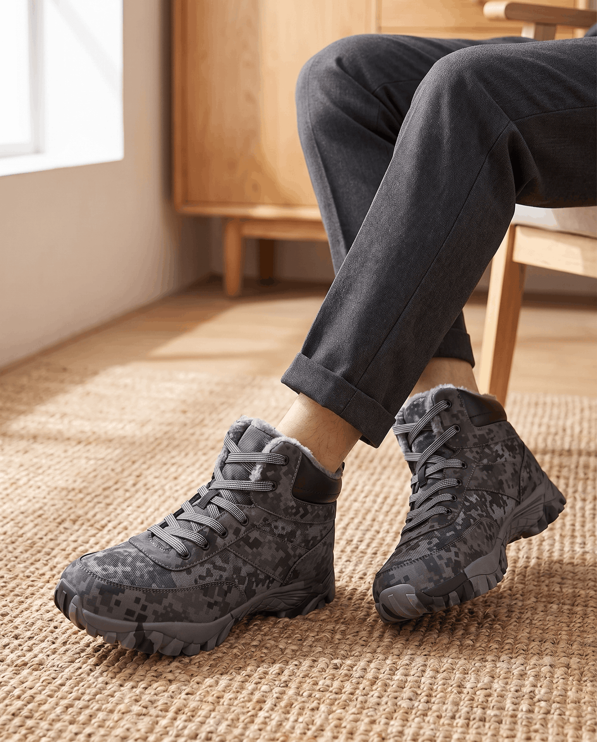 Dark camo boots worn with charcoal trousers, feet resting on a woven rug