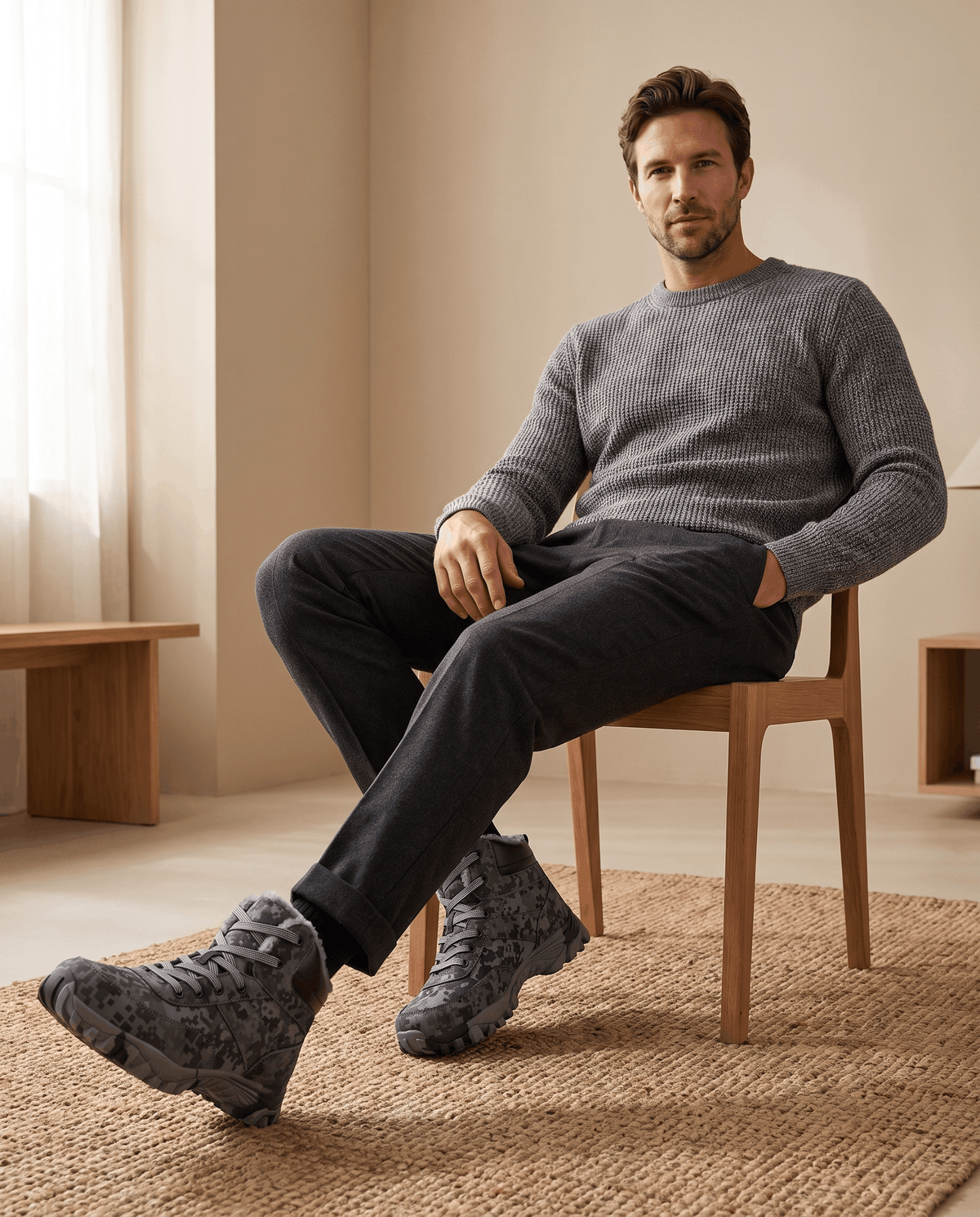 Seated man in a grey sweater wearing dark camo lace-up winter boots