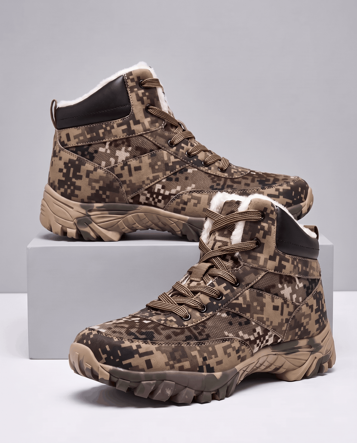 Brown camo pair facing forward on a plinth, plush collar turned out