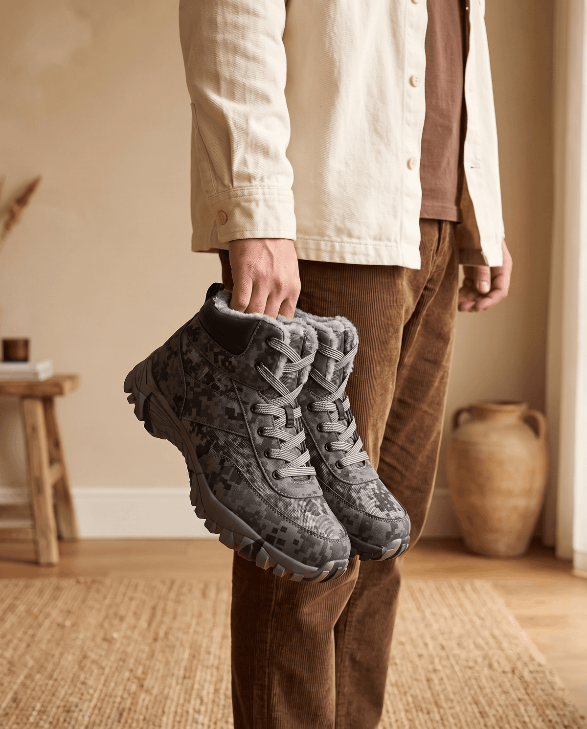 Brown camo boots standing on a wooden floor beside beige trousers indoors