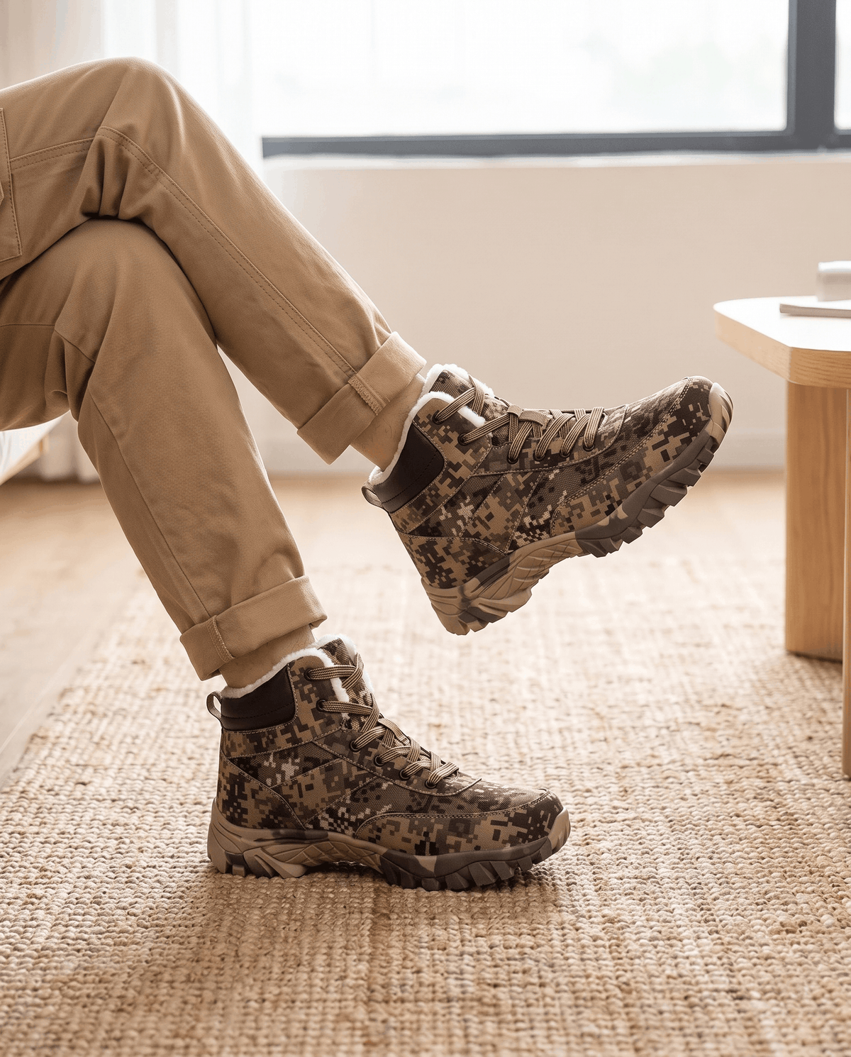 Brown camo boots worn with tan trousers, one foot lifted mid-step